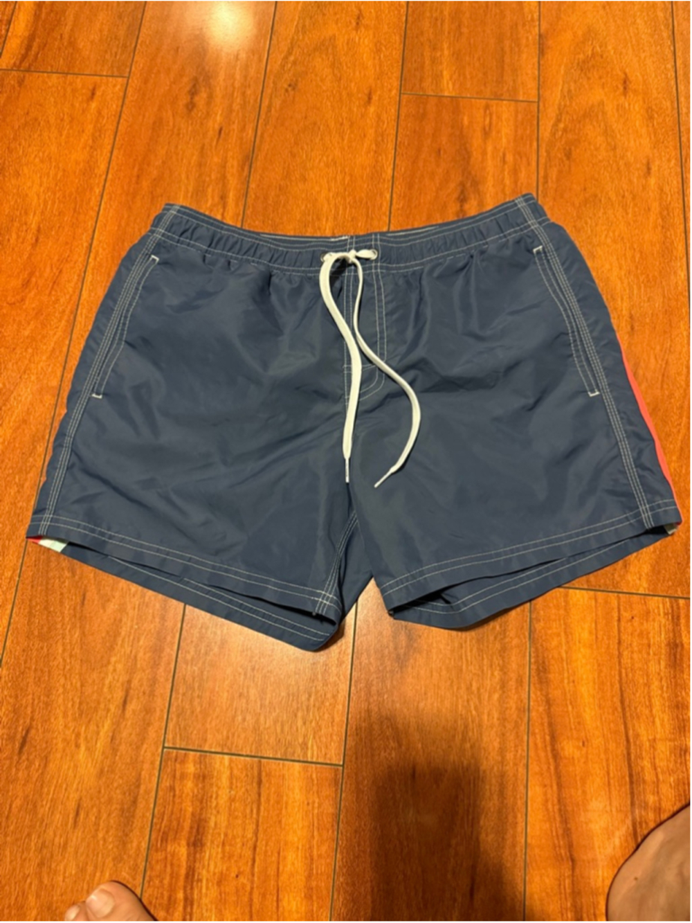 Men's Sundek Navy Blue Swim Trunks with Red Stripes, Size S